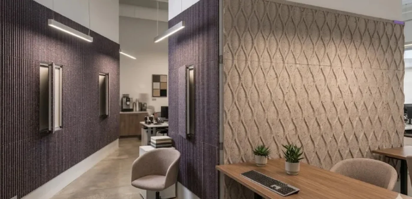 Office interior with acoustic wall elements made from production offcuts
