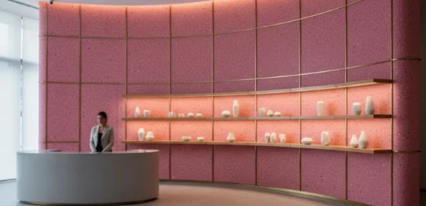 Temporary pop-up fit-out with wall panels made from fabric and leather remnants